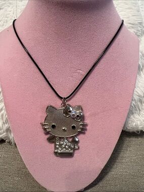 Silver Hello Kitty Style Crystal Pendant Necklace - Black Cord